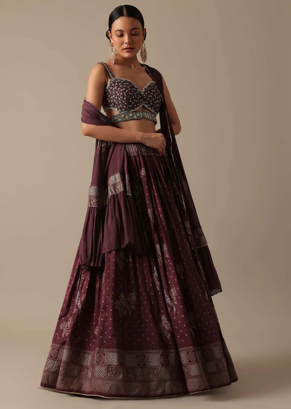 Wine Lehenga Set In Silk With Mirror Work