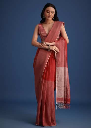 Red Linen Tissue Saree With Zari Border Pallu