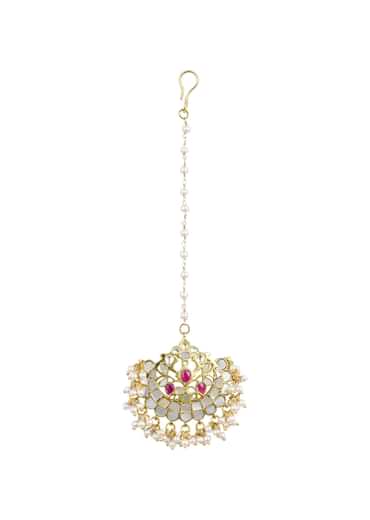 Gold Finish Jadau Kundan Multicolor Maangteeka With Synthetic Stones And Beads