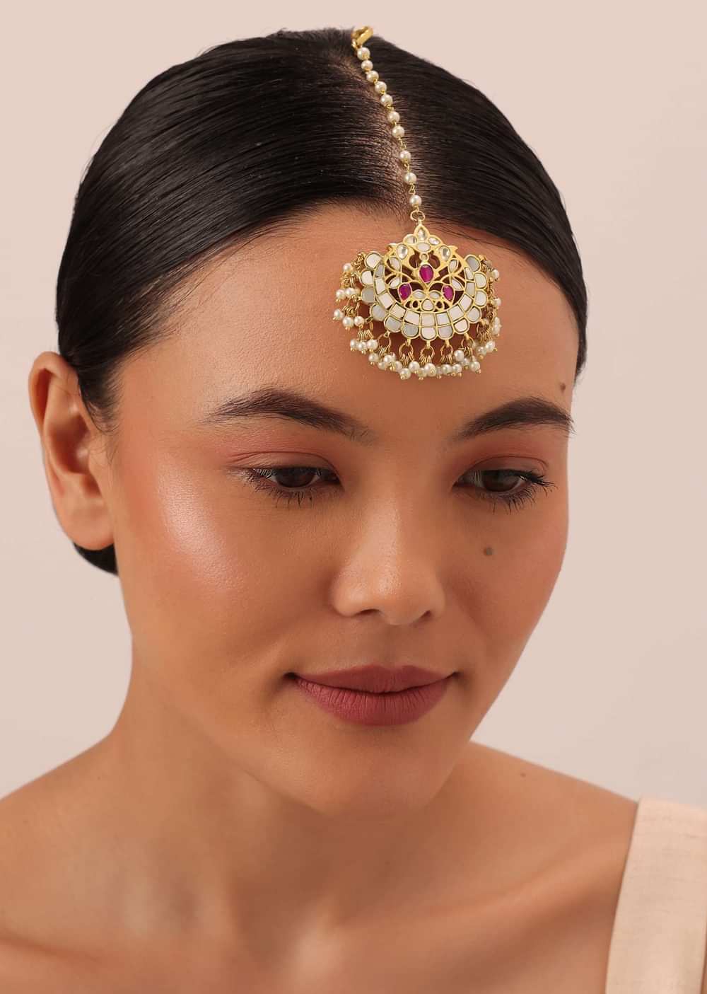 Gold Finish Jadau Kundan Multicolor Maangteeka With Synthetic Stones And Beads