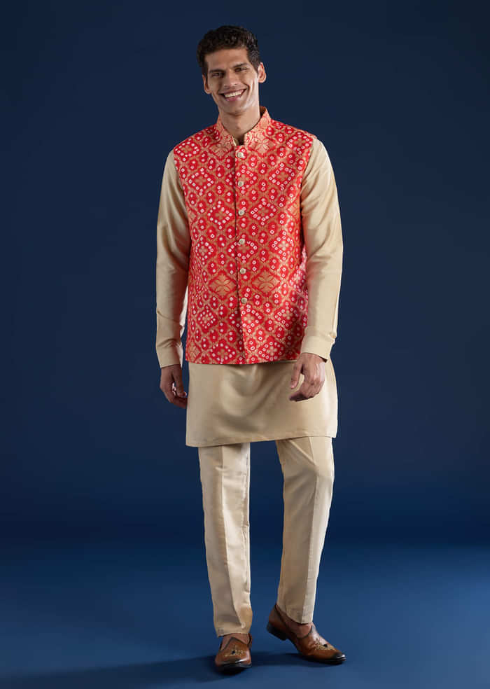 Red Mens Bandhani Silk Jacket Kurta Set