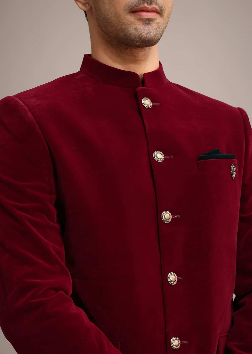 Red Micro Velvet Jodhpuri Set With Pocket Square