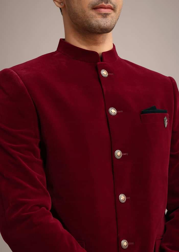 Red Micro Velvet Jodhpuri Set With Pocket Square