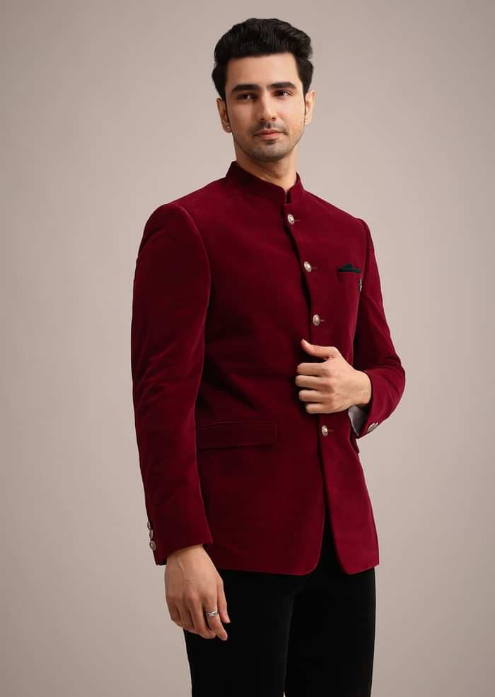 Red Micro Velvet Jodhpuri Set With Pocket Square