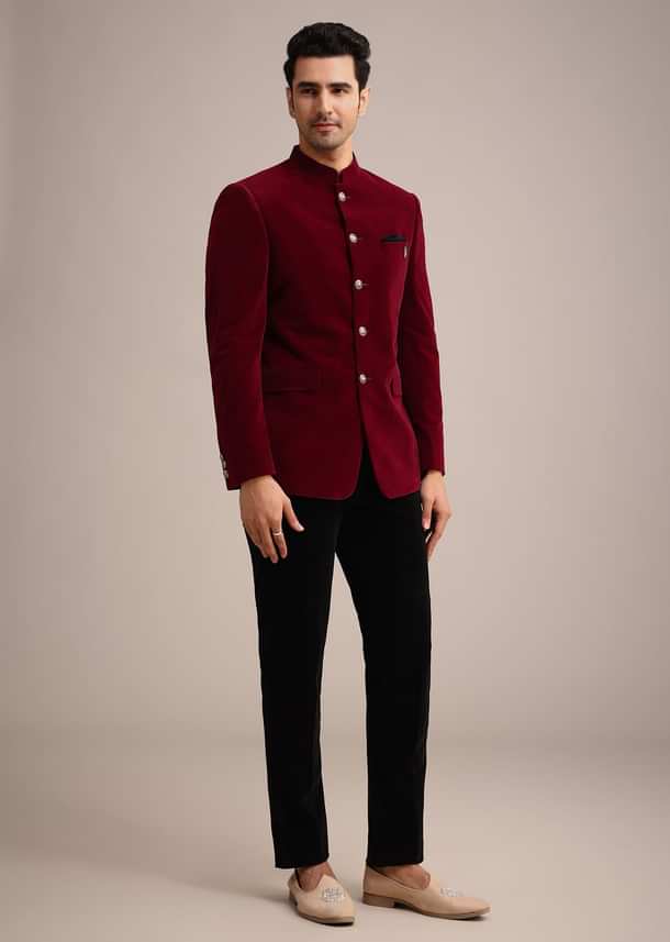 Red Micro Velvet Jodhpuri Set With Pocket Square Red Micro Velvet Jodhpuri Set With Pocket Square