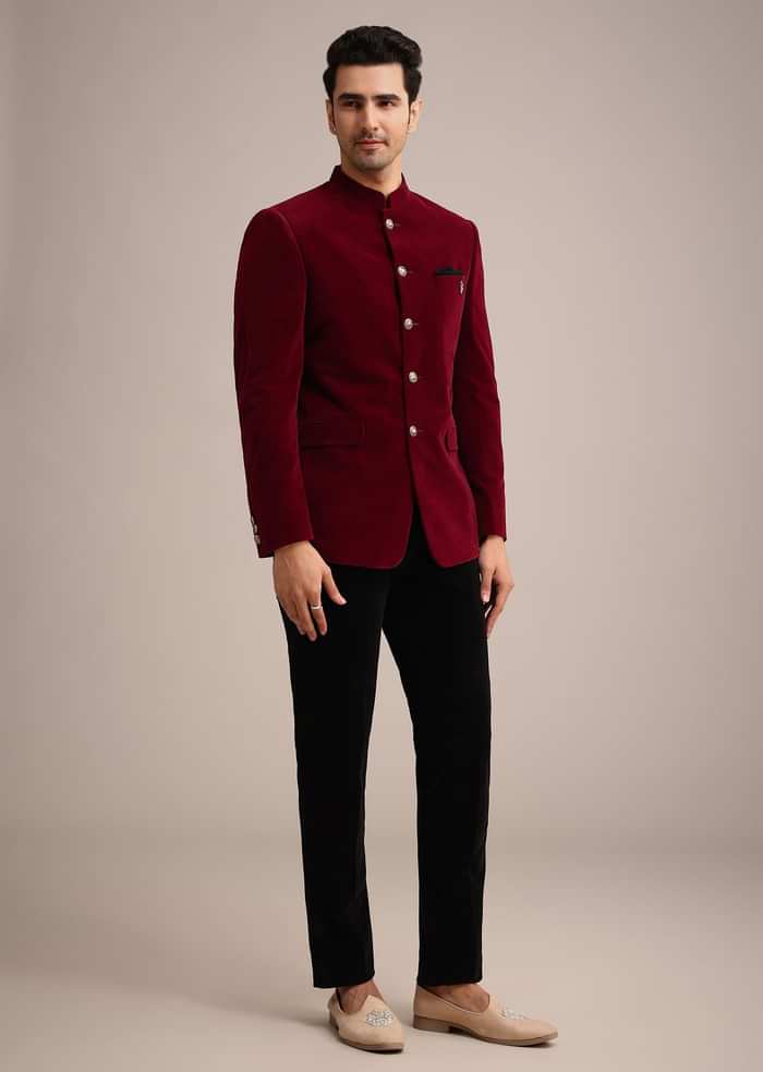 Red Micro Velvet Jodhpuri Set With Pocket Square