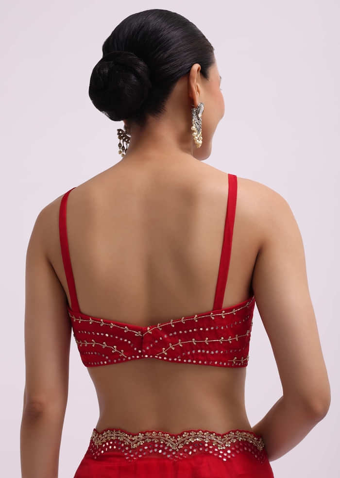 Red Mirror Embellished Organza Saree With Unstitched Blouse
