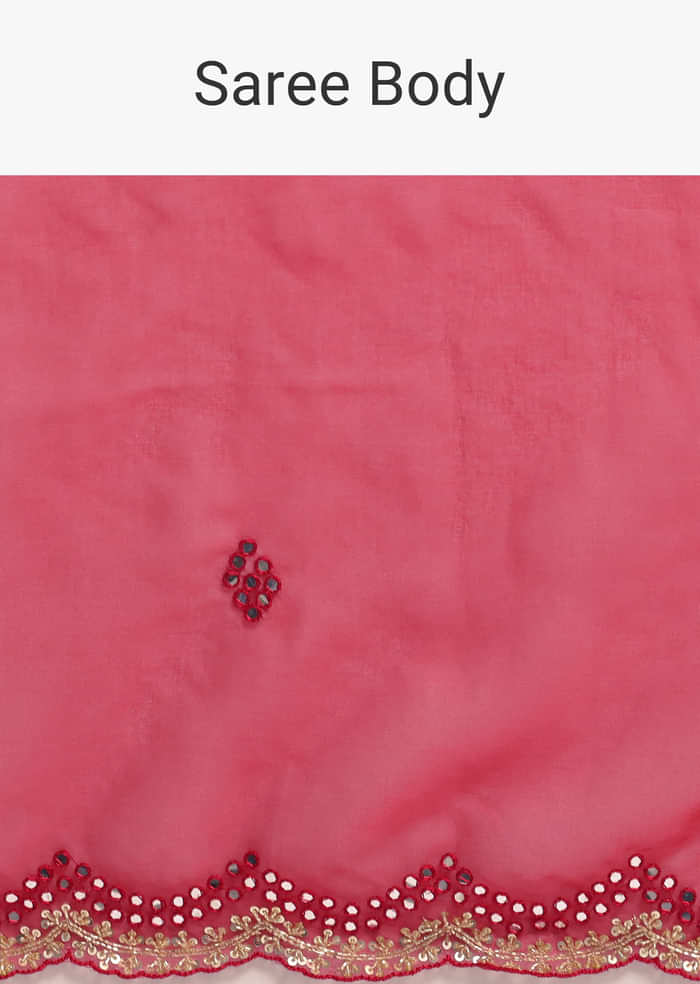 Red Mirror Embellished Organza Saree With Unstitched Blouse