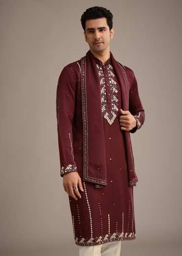 Red Mirror Work Kurta Set With Dupatta