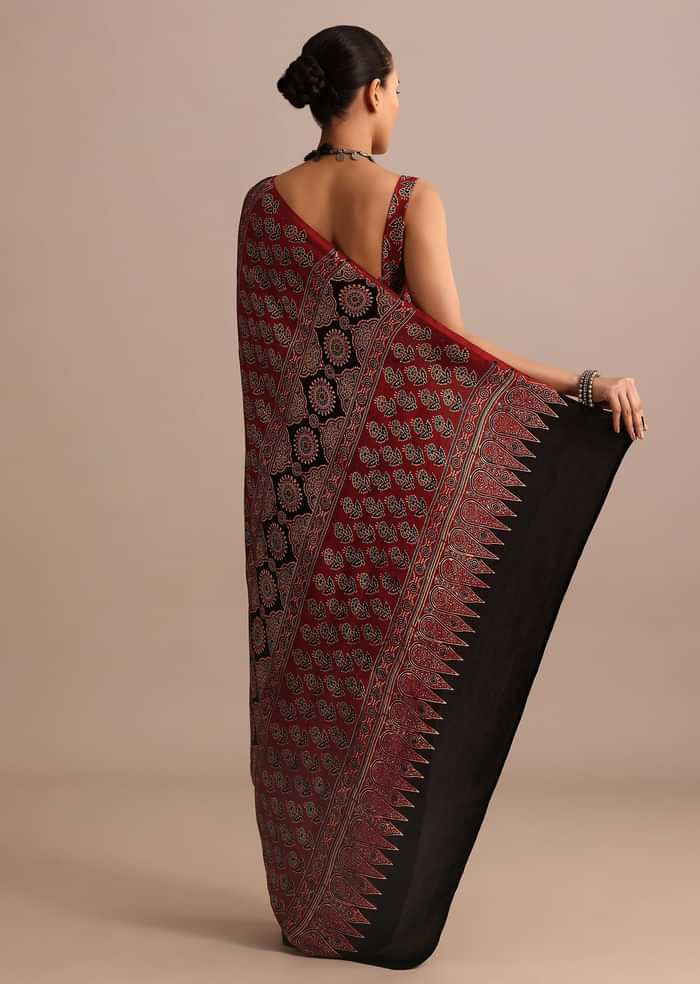Red Modal Satin Ajrakh Handblock Printed Saree
