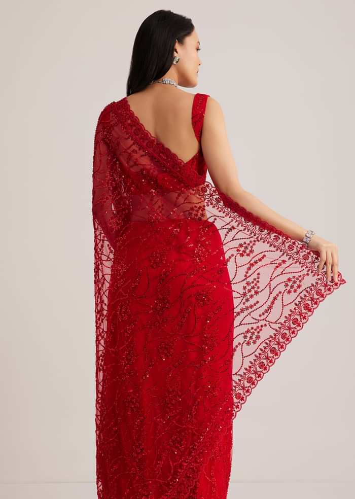 Red Net Saree With Sequins And Stone Detailing