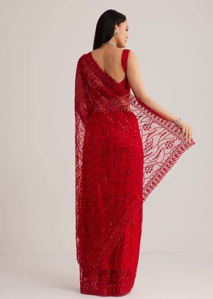 Red Net Saree With Sequins And Stone Detailing
