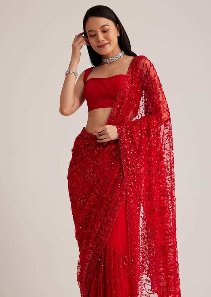 Red Net Saree With Sequins And Stone Detailing