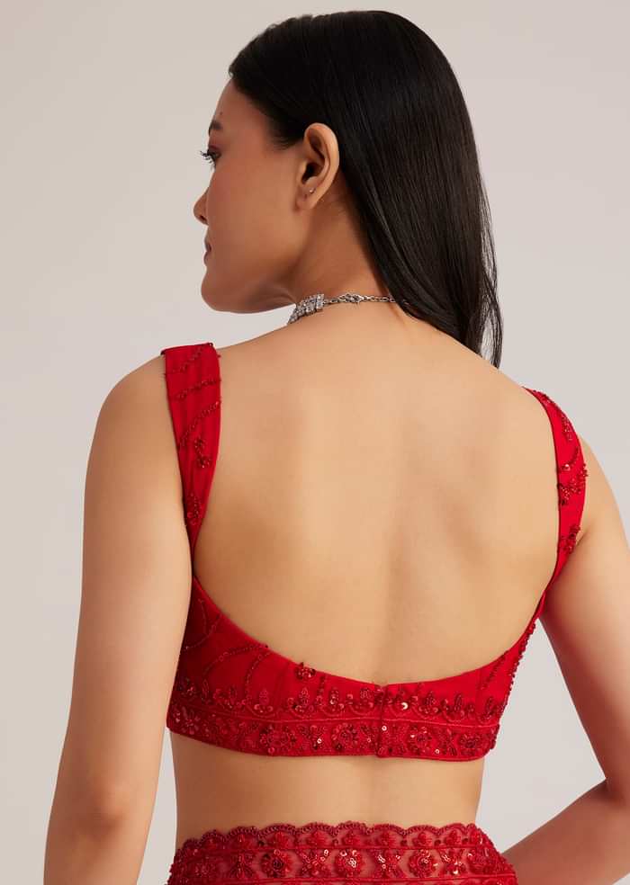 Red Net Saree With Sequins And Stone Detailing
