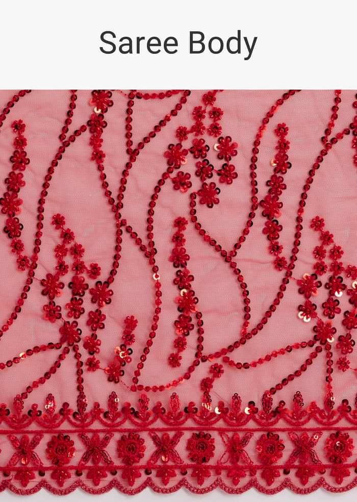 Red Net Saree With Sequins And Stone Detailing