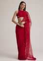 Red Net Saree With Sequins And Stones Embroidery
