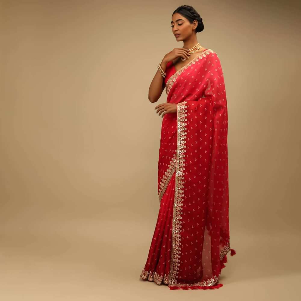 Red Ombre Saree In Organza With Bandhani Printed Geometric Buttis And Gotta Border