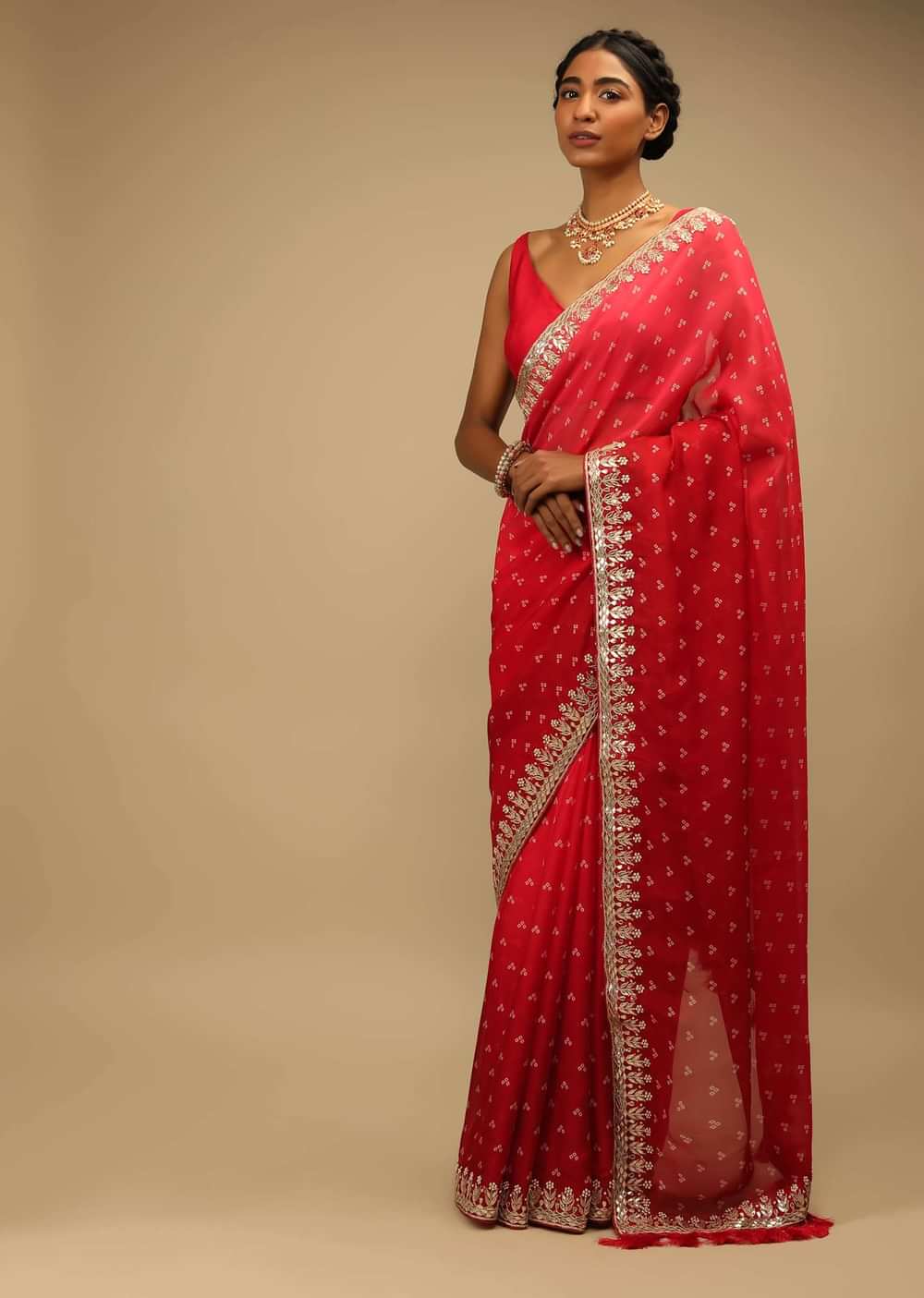 Red Ombre Saree In Organza With Bandhani Printed Geometric Buttis And Gotta Border