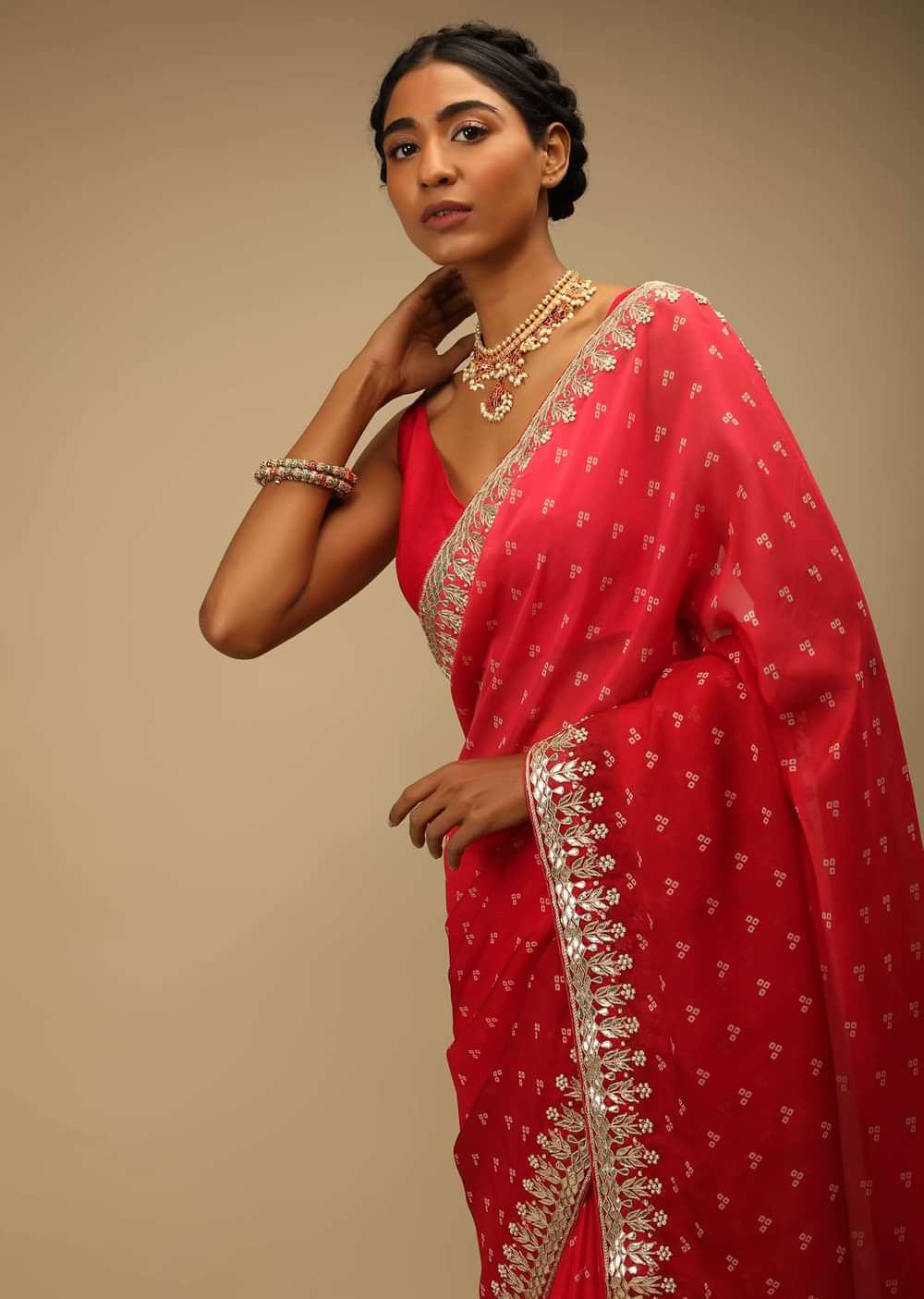 Red Ombre Saree In Organza With Bandhani Printed Geometric Buttis And Gotta Border