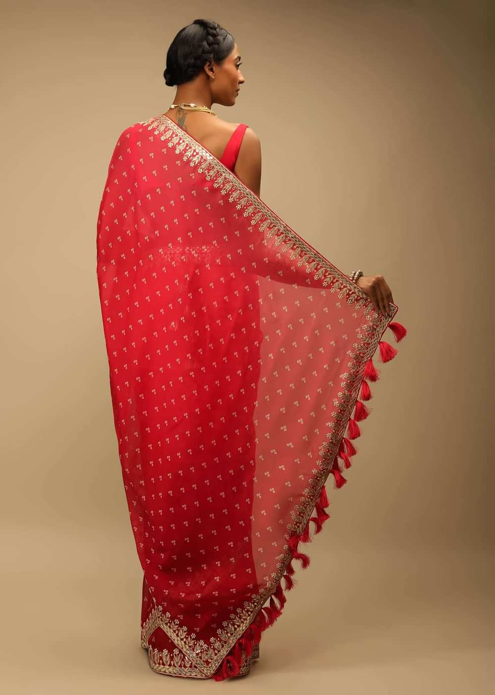Red Ombre Saree In Organza With Bandhani Printed Geometric Buttis And Gotta Border