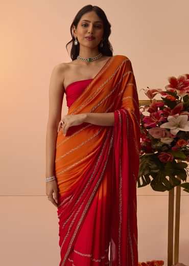 Red Orange Dual Tone Chinon Heavy Embroidered Saree
