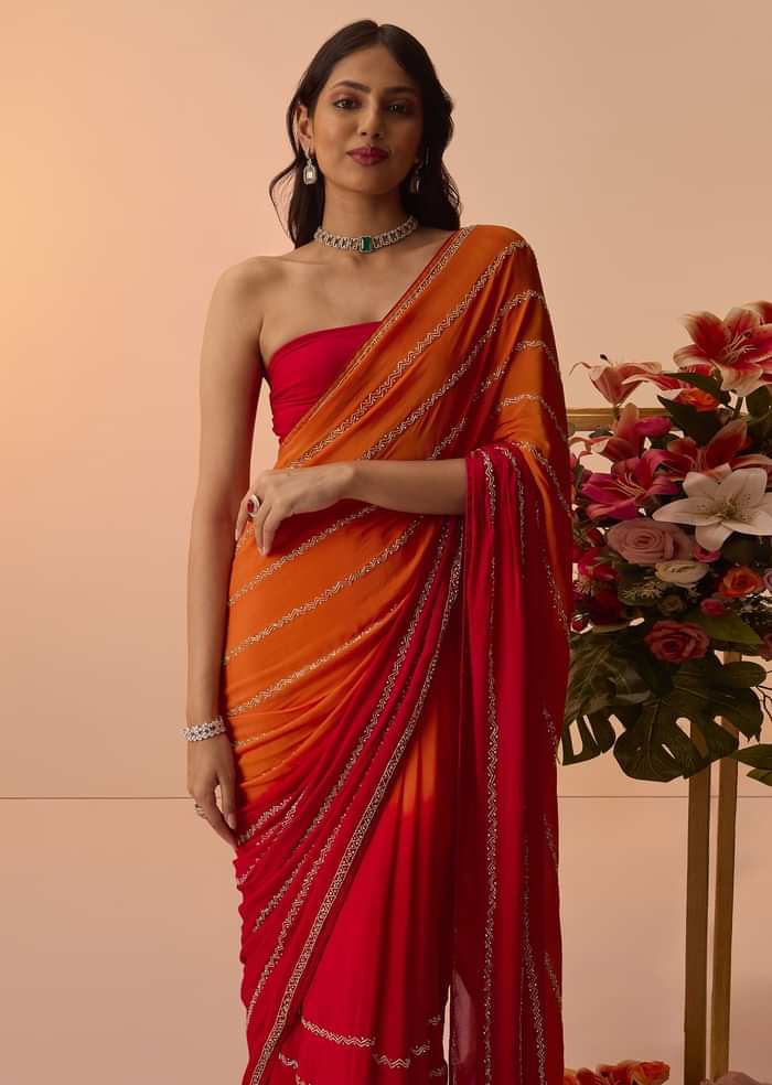Red Orange Dual Tone Chinon Heavy Embroidered Saree
