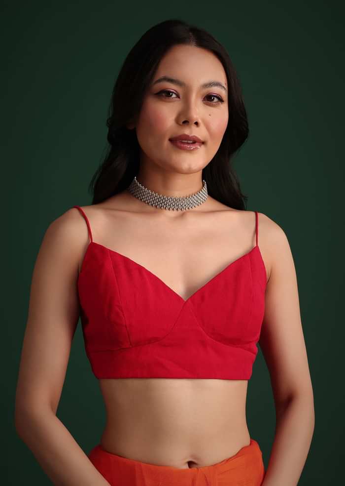 Red Orange Dual Tone Chinon Heavy Embroidered Saree