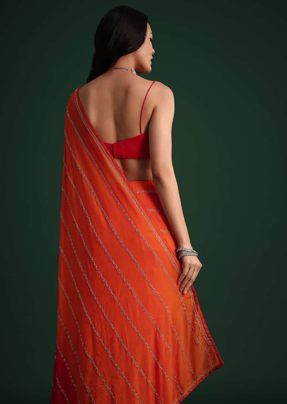 Red Orange Dual Tone Chinon Heavy Embroidered Saree