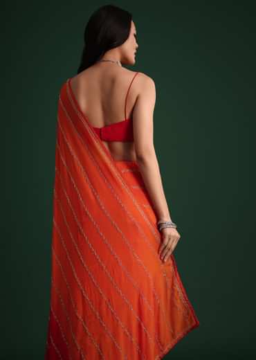 Red Orange Dual Tone Chinon Heavy Embroidered Saree