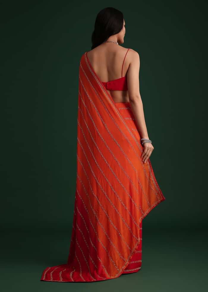 Red Orange Dual Tone Chinon Heavy Embroidered Saree