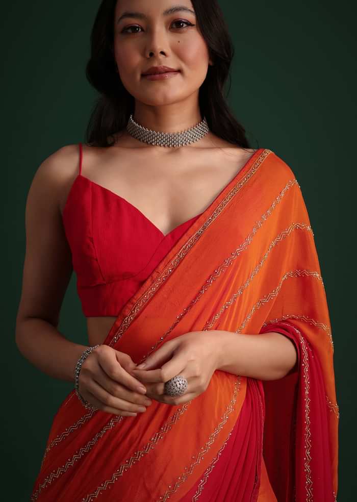Red Orange Dual Tone Chinon Heavy Embroidered Saree