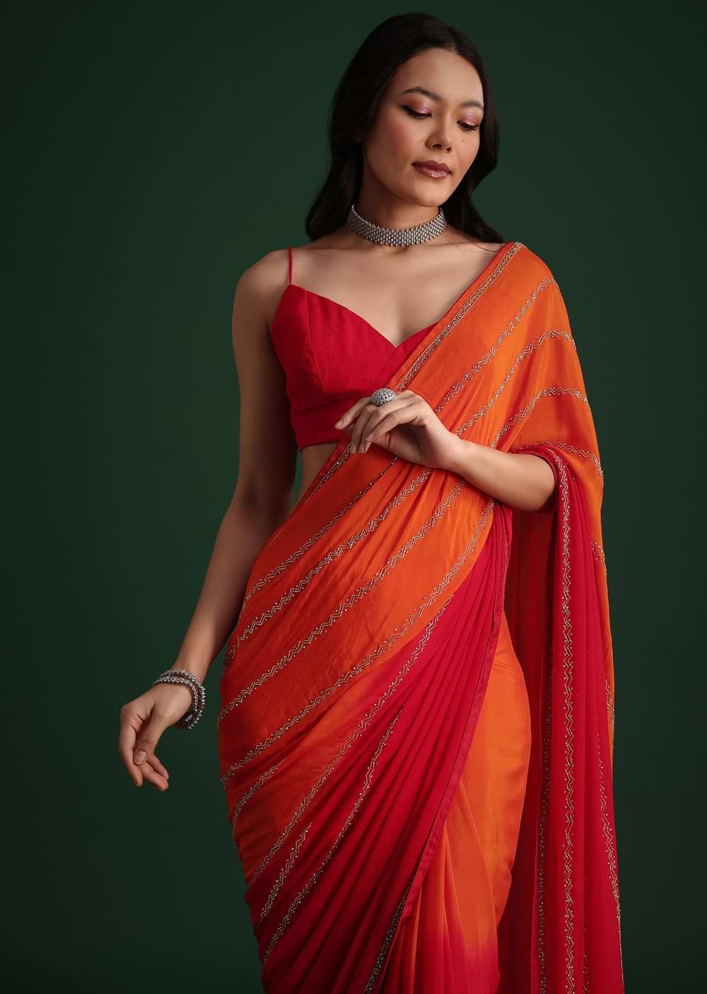 Red Orange Dual Tone Chinon Heavy Embroidered Saree