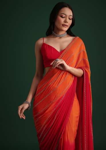 Red Orange Dual Tone Chinon Heavy Embroidered Saree
