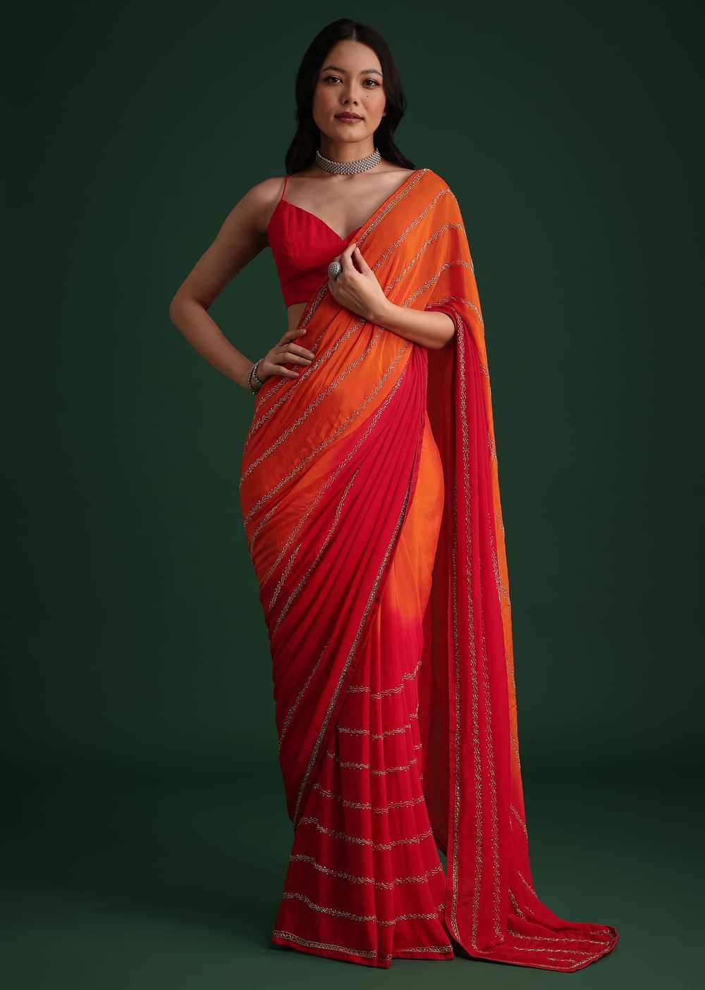 Red Orange Dual Tone Chinon Heavy Embroidered Saree