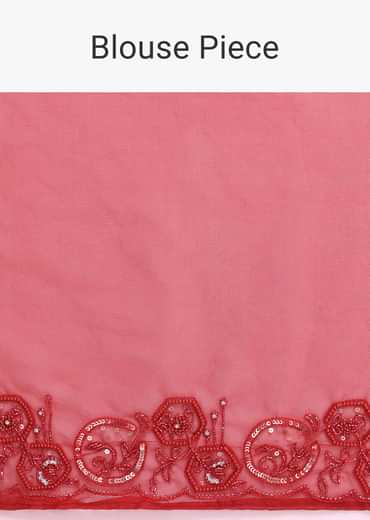 Red Organza Saree In Sequins With Unstitched Blouse
