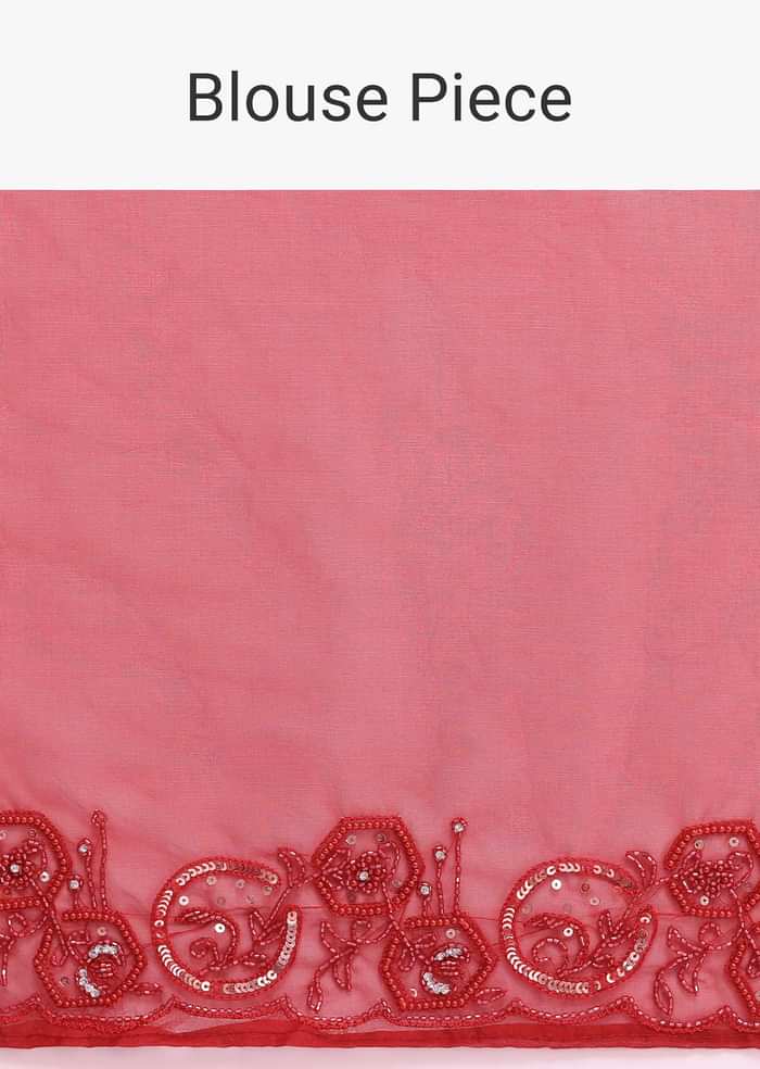 Red Organza Saree In Sequins With Unstitched Blouse