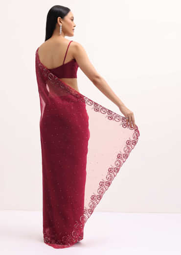 Red Organza Saree In Sequins With Unstitched Blouse