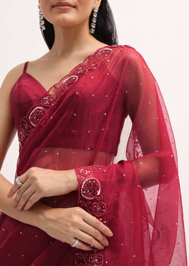 Red Organza Saree In Sequins With Unstitched Blouse
