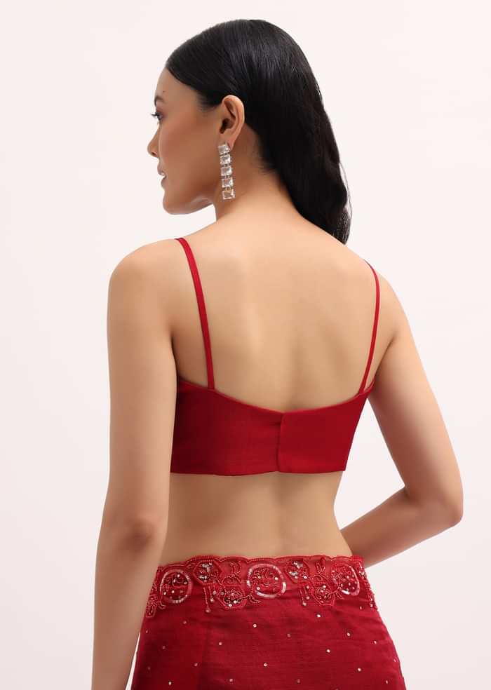 Red Organza Saree In Sequins With Unstitched Blouse