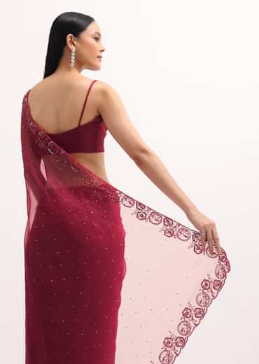 Red Organza Saree In Sequins With Unstitched Blouse