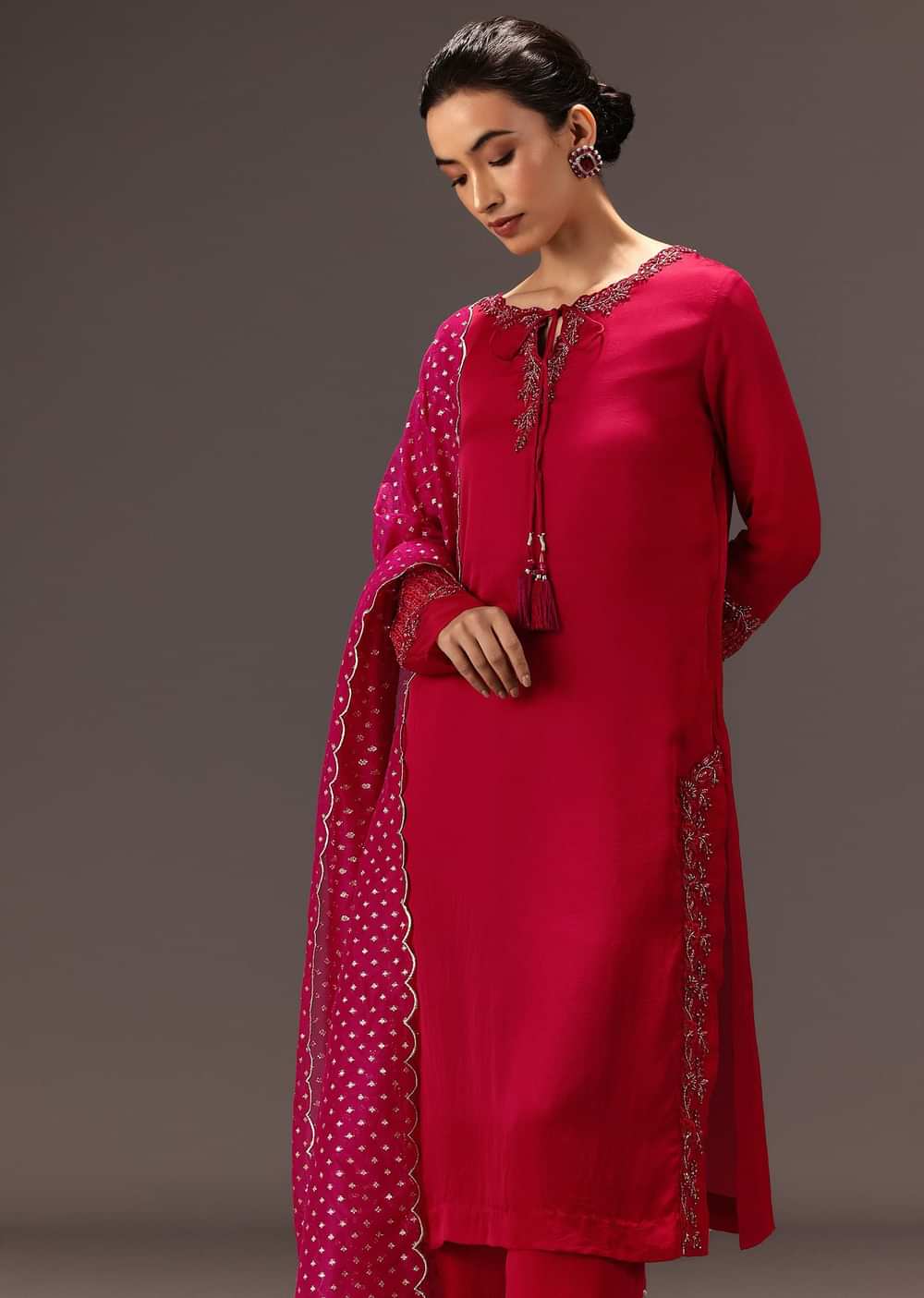 Red Organza Satin Hand Embroidered Kurta Set