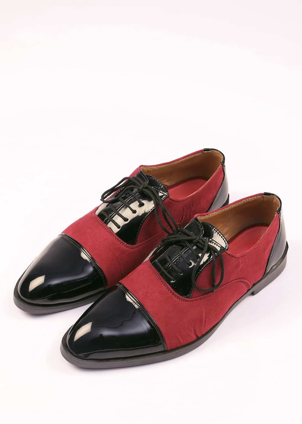 Red Oxfords In Suede With Black Rexine Leather Detailing