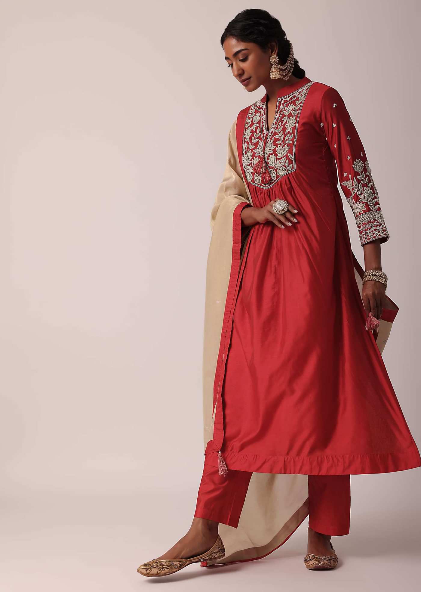 Red Pant Set In Cotton Silk With Pearl Work Kurta