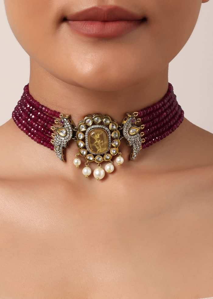 Red Pendant Beaded Choker Set With Floral Motif