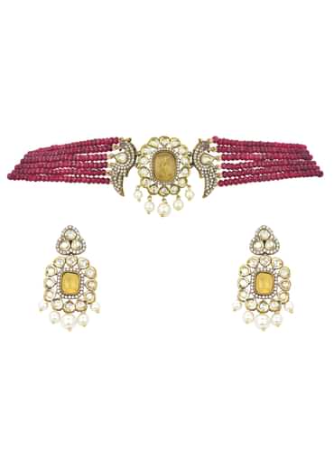 Red Pendant Beaded Choker Set With Floral Motif