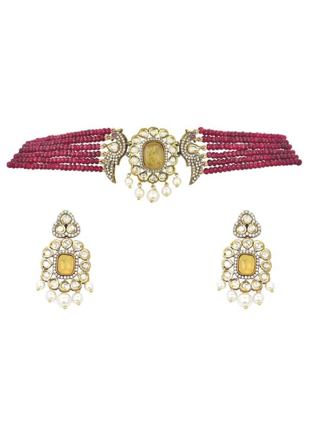 Red Pendant Beaded Choker Set With Floral Motif