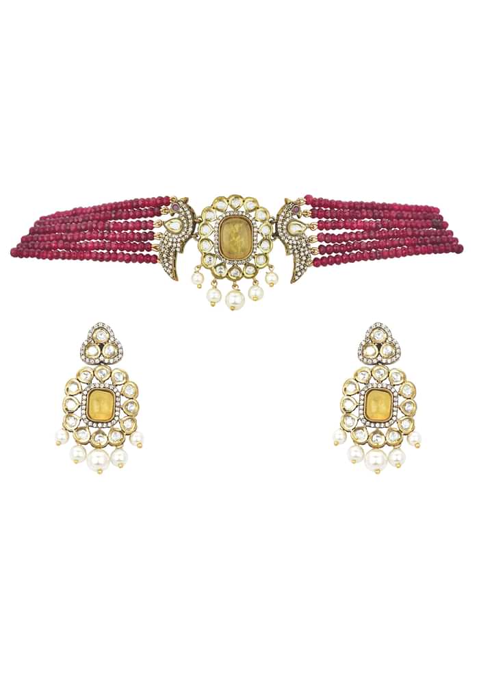 Red Pendant Beaded Choker Set With Floral Motif