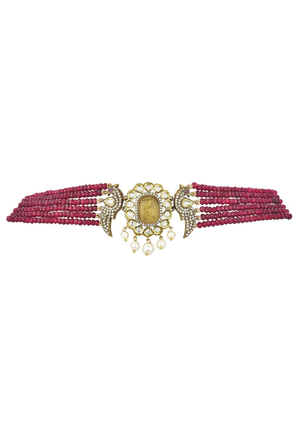 Red Pendant Beaded Choker Set With Floral Motif
