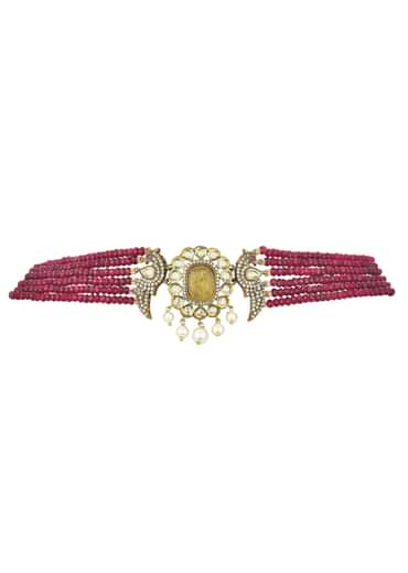 Red Pendant Beaded Choker Set With Floral Motif