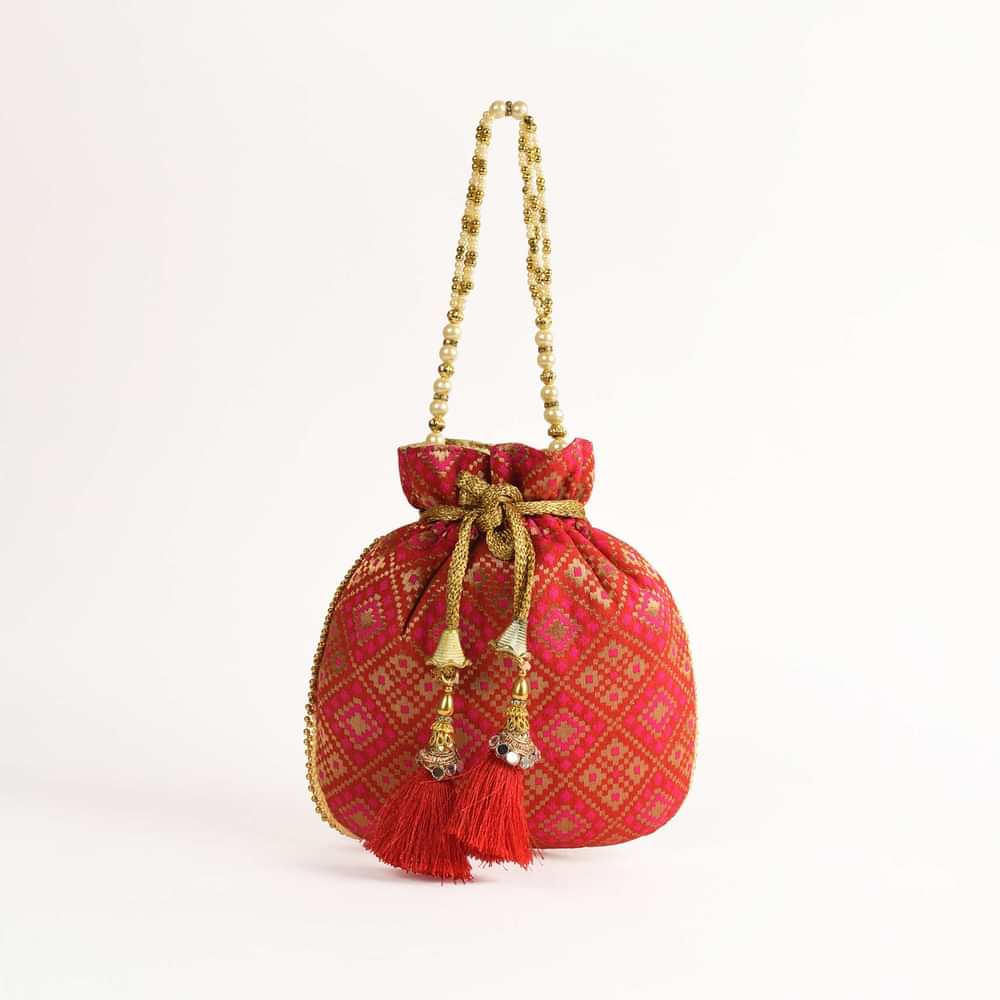 Red Potli Bag In Brocade Silk With Geometric Jaal Design Online - Kalki Fashion